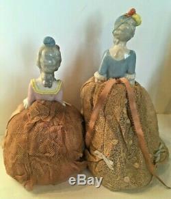 Vintage Porcelain German Half Doll Pin Cushions Feathered Hats Lot Of 2