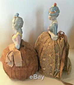 Vintage Porcelain German Half Doll Pin Cushions Feathered Hats Lot Of 2