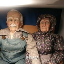 Vintage Porcelain Grandpa and Grandma Dolls on BENCH VERY OLD PAIR