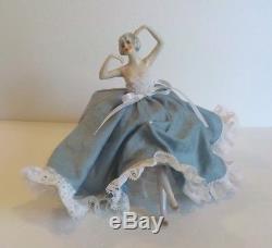 Vintage Porcelain Half-Doll Pin Cushion Boudoir Doll with Legs, Dressed