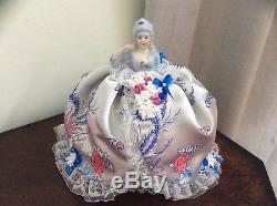 Vintage Porcelain Half Doll, Unique Silk Lace Pincushion Collectible Doll