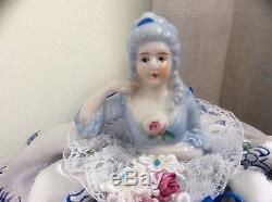 Vintage Porcelain Half Doll, Unique Silk Lace Pincushion Collectible Doll