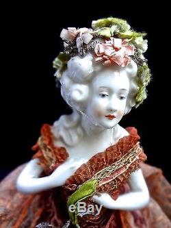 Vintage Porcelain Half Doll With Antique Passementerie & Net Lace Gown