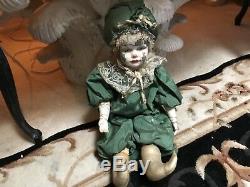 Vintage Porcelain Hand Painted Mardi Gras/Xmas Sitting Doll Excellent