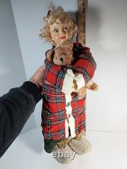 Vintage Porcelain Head Doll In Flannel Sleepwear Teddy Bear And Slippers Unique