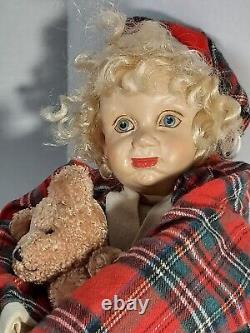 Vintage Porcelain Head Doll In Flannel Sleepwear Teddy Bear And Slippers Unique