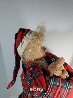 Vintage Porcelain Head Doll In Flannel Sleepwear Teddy Bear And Slippers Unique