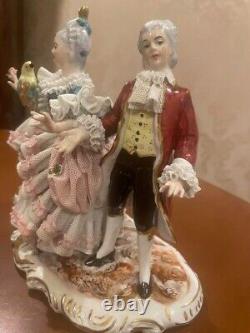 Vintage Porcelain Lace Doll Figurine lady and gentleman, colorful parrot / H 21cm