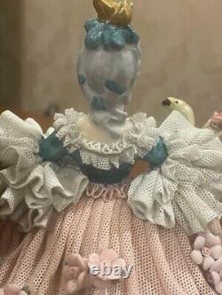 Vintage Porcelain Lace Doll Figurine lady and gentleman, colorful parrot / H 21cm