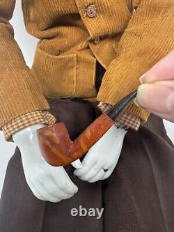 Vintage Porcelain Man Male Doll Twisted Mustache Pipe Doll Artisan 24 Large