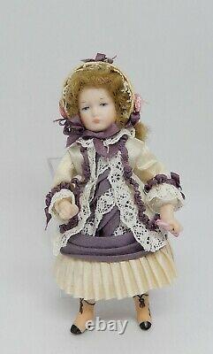 Vintage Porcelain Victorian Girl Doll in Silk Dress Dollhouse Miniature 112