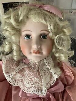 Vintage Porcelain Victorian Motionette Doll Mauve Lace Dress w Sachet Pocketbook