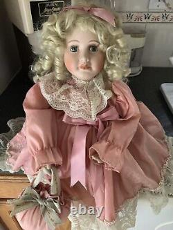 Vintage Porcelain Victorian Motionette Doll Mauve Lace Dress w Sachet Pocketbook