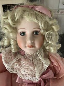 Vintage Porcelain Victorian Motionette Doll Mauve Lace Dress w Sachet Pocketbook