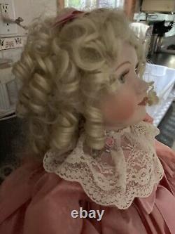 Vintage Porcelain Victorian Motionette Doll Mauve Lace Dress w Sachet Pocketbook