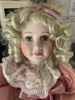 Vintage Porcelain Victorian Motionette Doll Mauve Lace Dress w Sachet Pocketbook