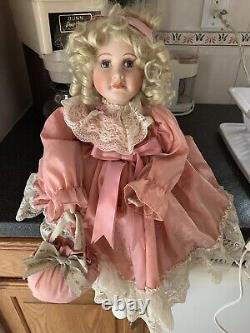 Vintage Porcelain Victorian Motionette Doll Mauve Lace Dress w Sachet Pocketbook