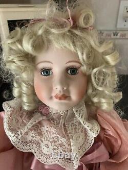 Vintage Porcelain Victorian Motionette Doll Mauve Lace Dress w Sachet Pocketbook