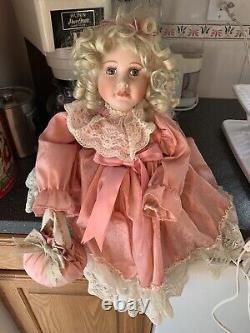 Vintage Porcelain Victorian Motionette Doll Mauve Lace Dress w Sachet Pocketbook