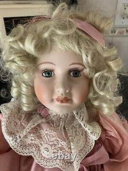 Vintage Porcelain Victorian Motionette Doll Mauve Lace Dress w Sachet Pocketbook