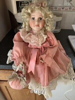 Vintage Porcelain Victorian Motionette Doll Mauve Lace Dress w Sachet Pocketbook