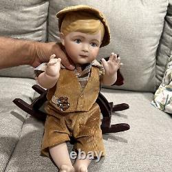 Vintage Porcelain doll Porcelain Boy On Wooden Rocking Horse Very rare