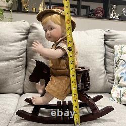 Vintage Porcelain doll Porcelain Boy On Wooden Rocking Horse Very rare