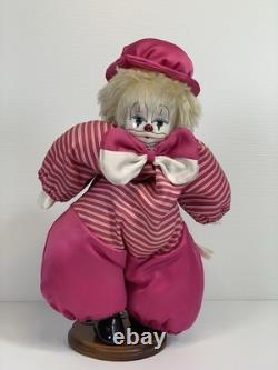 Vintage Q-tee Porcelain Doll & Metal Stand 14 Clown Theme Pink Rare