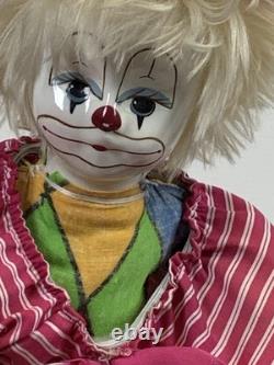 Vintage Q-tee Porcelain Doll & Metal Stand 14 Clown Theme Pink Rare