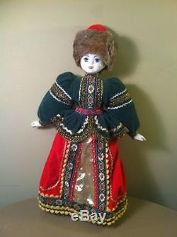 Vintage Russian Costumed Hand Painted Porcelain Doll, 18 Tall, Real Mink Hat