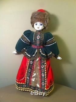 Vintage Russian Costumed Hand Painted Porcelain Doll, 18 Tall, Real Mink Hat