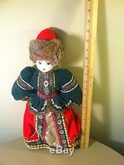 Vintage Russian Costumed Hand Painted Porcelain Doll, 18 Tall, Real Mink Hat