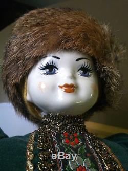 Vintage Russian Costumed Hand Painted Porcelain Doll, 18 Tall, Real Mink Hat