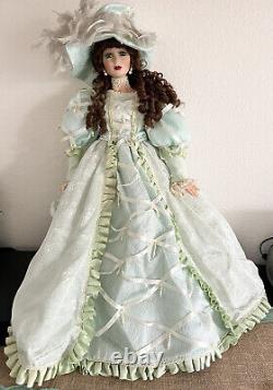 Vintage Signed Victorian Style Tall Porcelain Doll in Green Dress & Hat 30