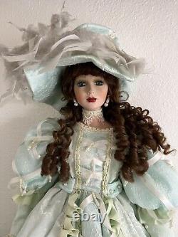 Vintage Signed Victorian Style Tall Porcelain Doll in Green Dress & Hat 30
