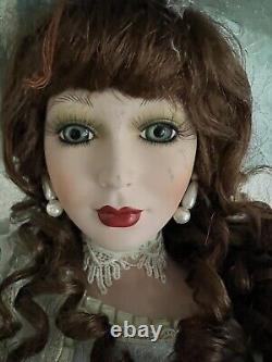 Vintage Signed Victorian Style Tall Porcelain Doll in Green Dress & Hat 30