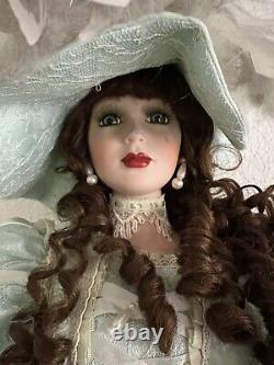 Vintage Signed Victorian Style Tall Porcelain Doll in Green Dress & Hat 30