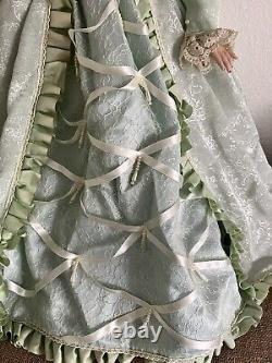 Vintage Signed Victorian Style Tall Porcelain Doll in Green Dress & Hat 30