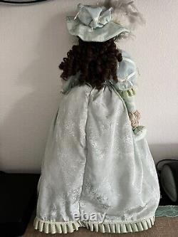 Vintage Signed Victorian Style Tall Porcelain Doll in Green Dress & Hat 30