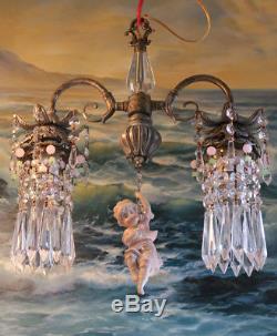 Vintage Spelter brass SWAG lamp Chandelier Bisque Doll porcelain Heubach Insp