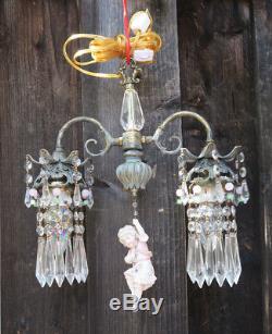 Vintage Spelter brass SWAG lamp Chandelier Bisque Doll porcelain Heubach Insp