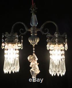Vintage Spelter brass SWAG lamp Chandelier Bisque Doll porcelain Heubach Insp