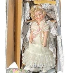 Vintage Style Porcelain Doll Blonde Curls Cream Ruffle Dress with Flower Basket