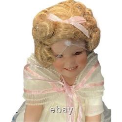 Vintage Style Porcelain Doll Blonde Curls Cream Ruffle Dress with Flower Basket