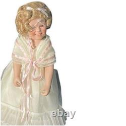 Vintage Style Porcelain Doll Blonde Curls Cream Ruffle Dress with Flower Basket