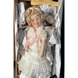 Vintage Style Porcelain Doll Blonde Curls Cream Ruffle Dress with Flower Basket