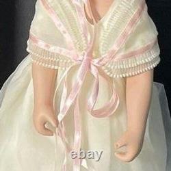 Vintage Style Porcelain Doll Blonde Curls Cream Ruffle Dress with Flower Basket