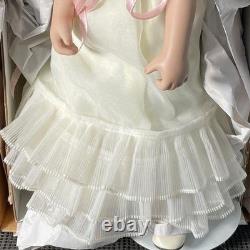 Vintage Style Porcelain Doll Blonde Curls Cream Ruffle Dress with Flower Basket