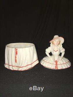 Vintage Vanity Powder Jar Lady Victorian Porcelain Figurine Art Deco Half Doll