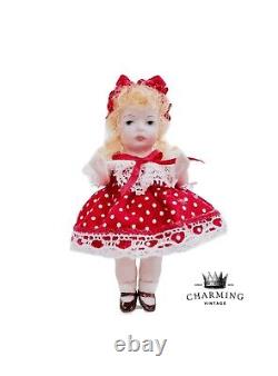 Vintage Victorian Little Girl withShort Polka Dot Red Dress Mini Porcelain Doll